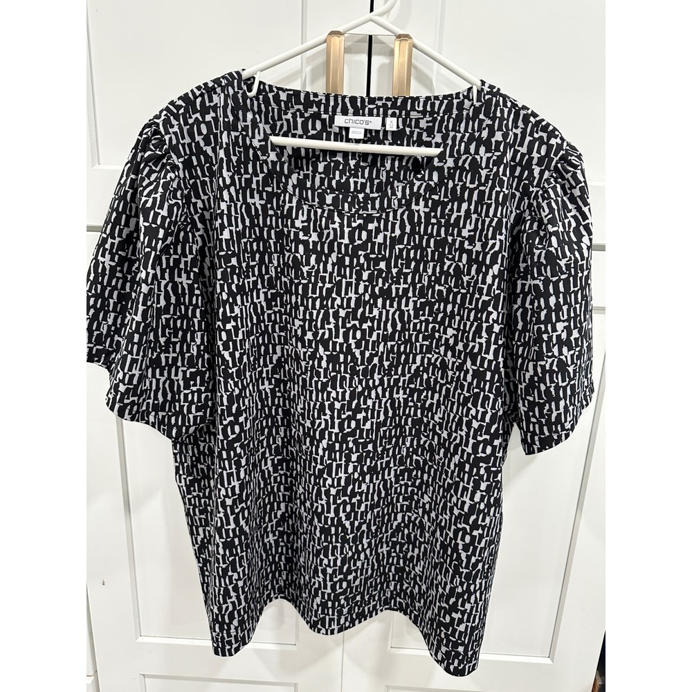 Chico's 4 Abstract Print Top Puff Sleeve Blouse Career Casual Black White 20